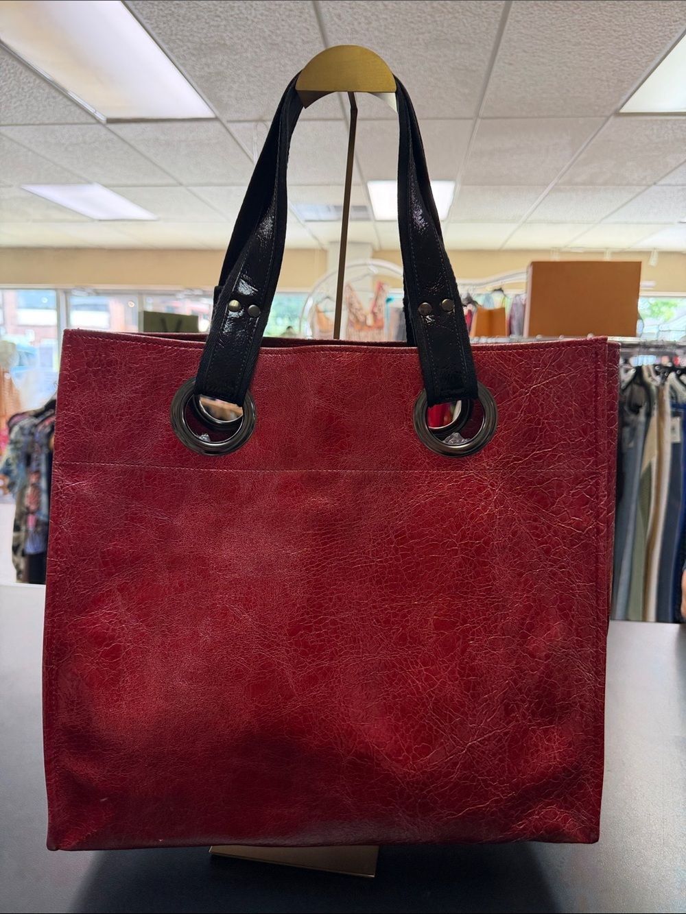 Kate Landry Burgundy Leather Tote with Black Handles